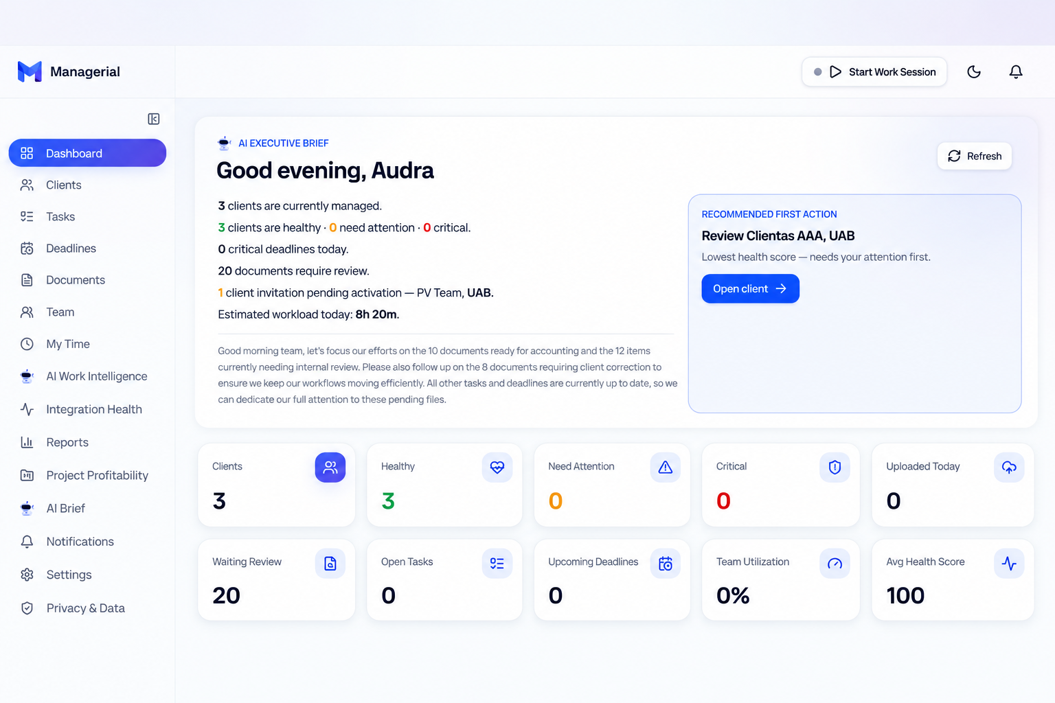 Managerial — AI-powered operating system for accounting firms, dashboard screenshot